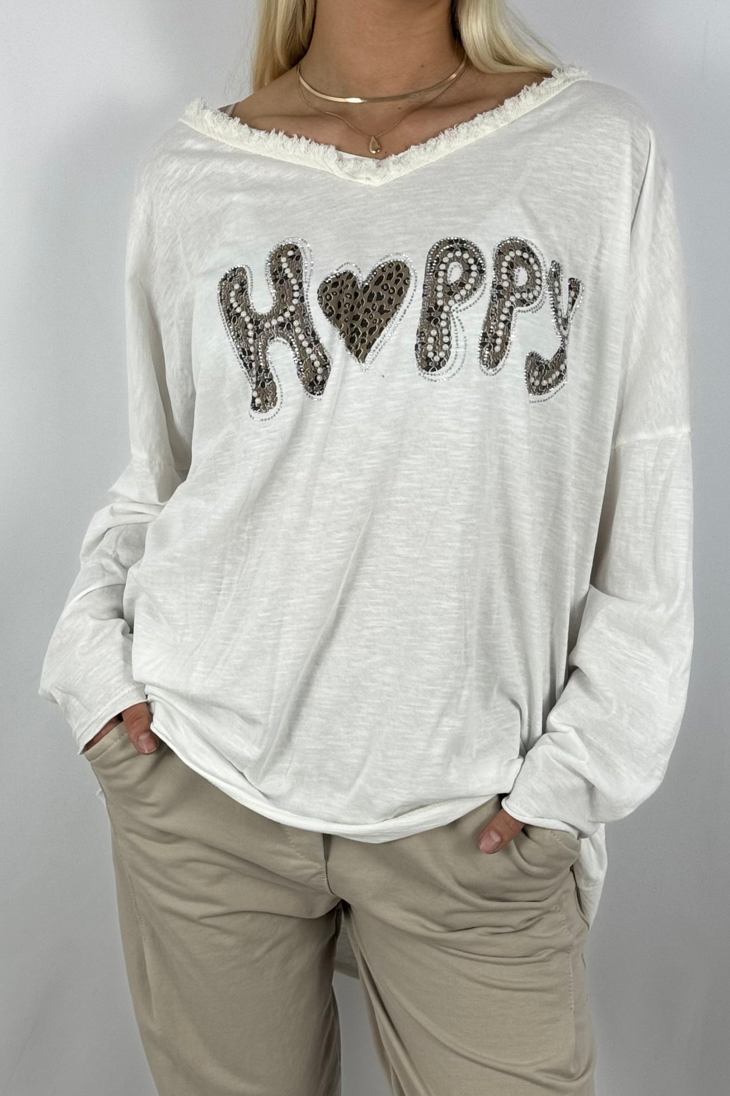 Damen Oversize Shirt – Happy Print-Weiß