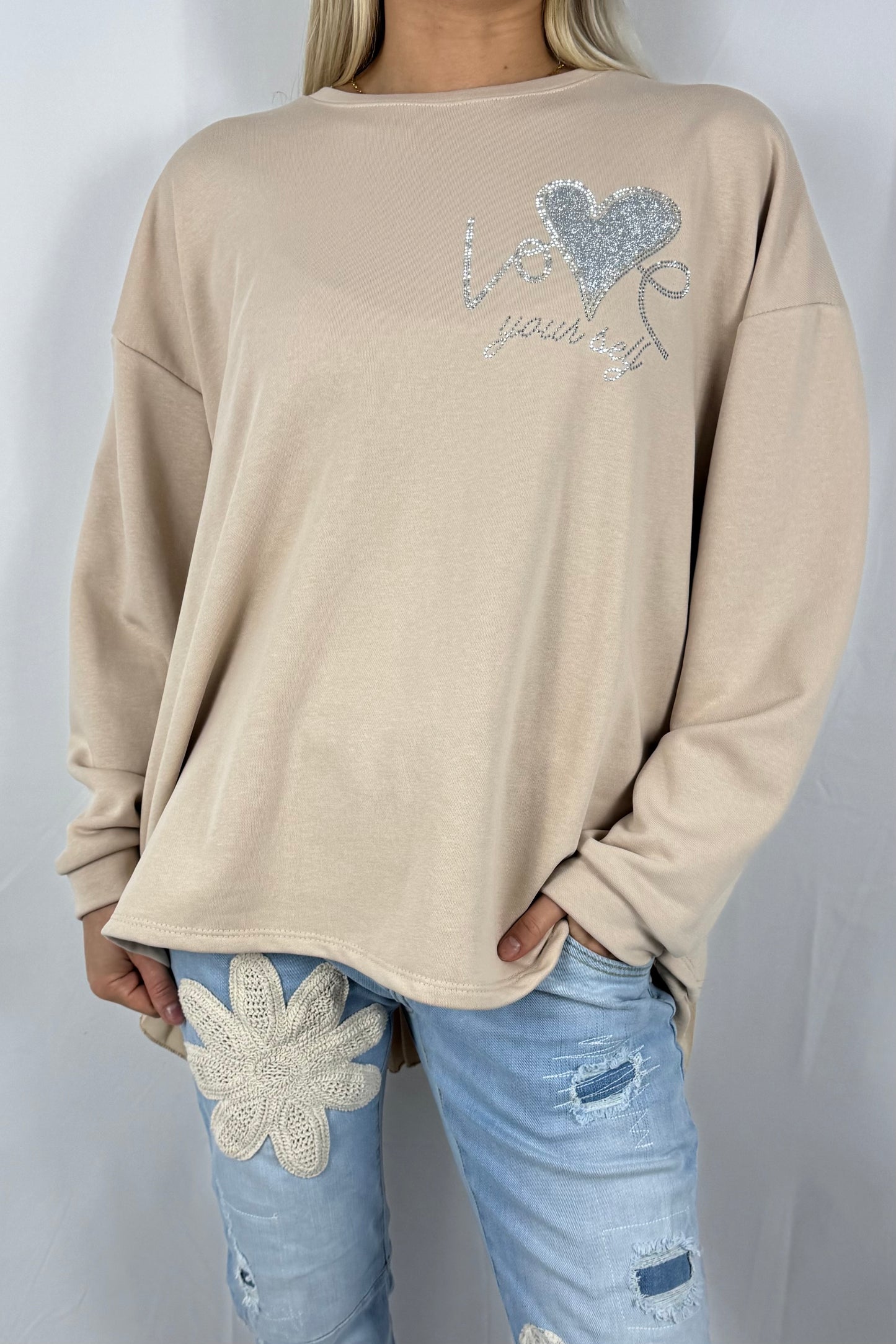 Damen Sweatshirt mit Glitzer Herz & Plissee Einsatz-Beige