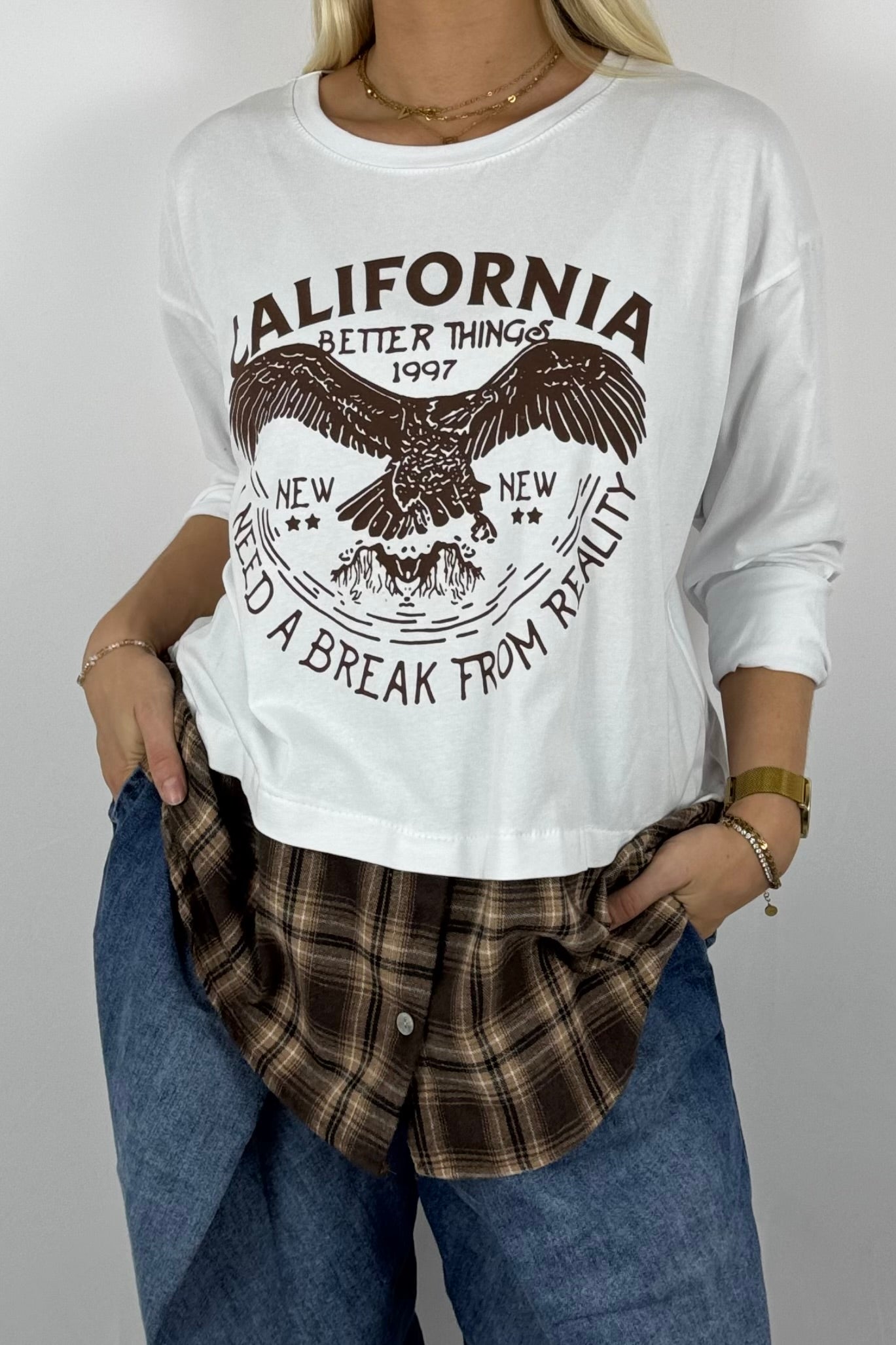 Damen Layering-Shirt „California“ – Karomuster-Look-Weiß