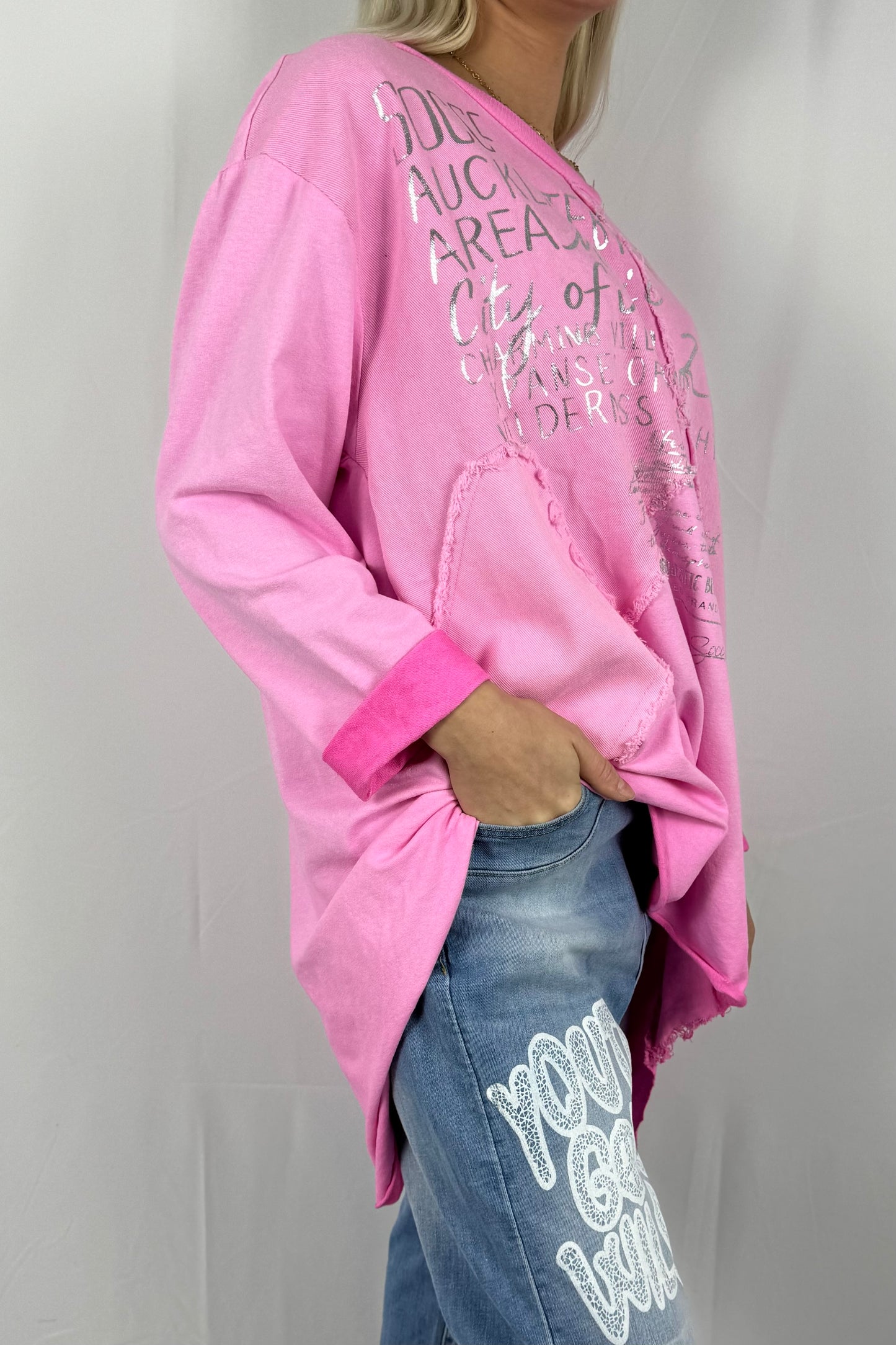 Damen Oversize Longshirt mit Schrift Print-Pink