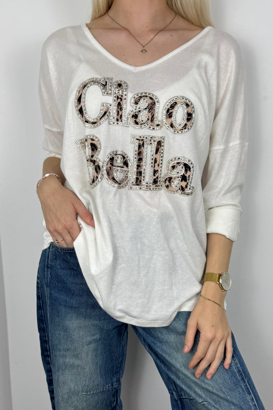 Shirt mit „Ciao Bella“ Print-Weiß