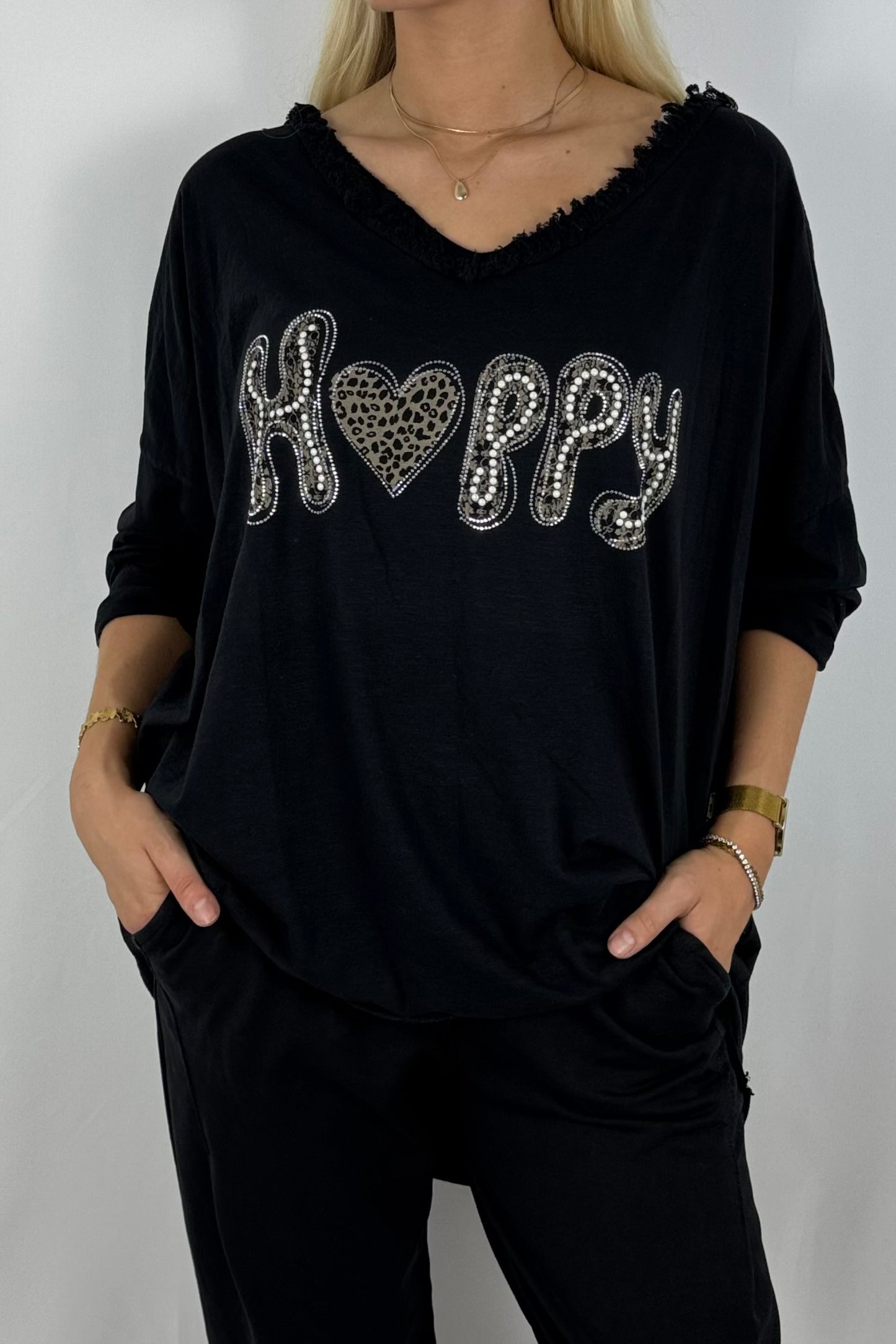 Damen Oversize Shirt – Happy Print-Schwarz