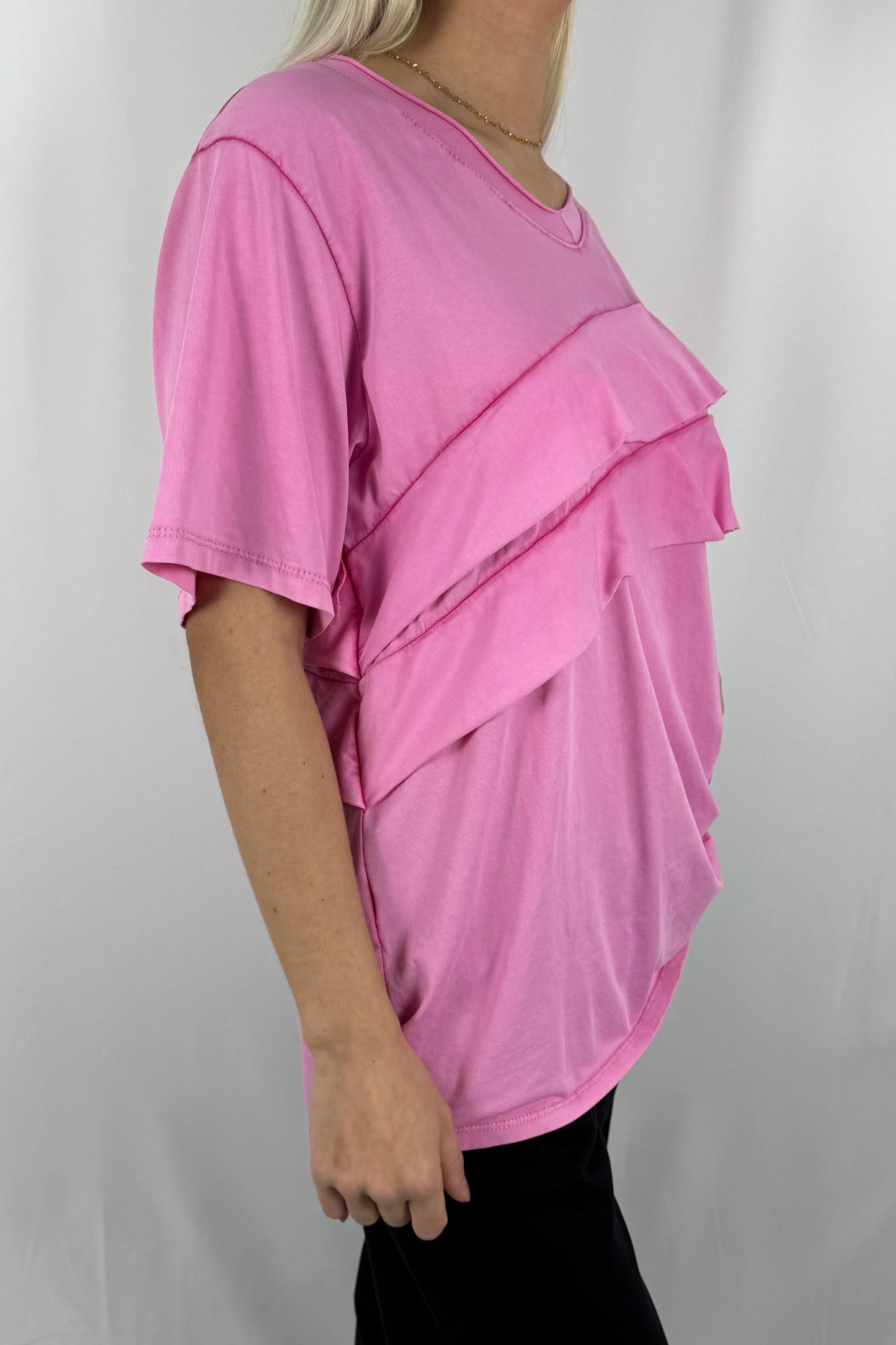 Damen Shirt mit Volant Detail und V Ausschnitt-Pink