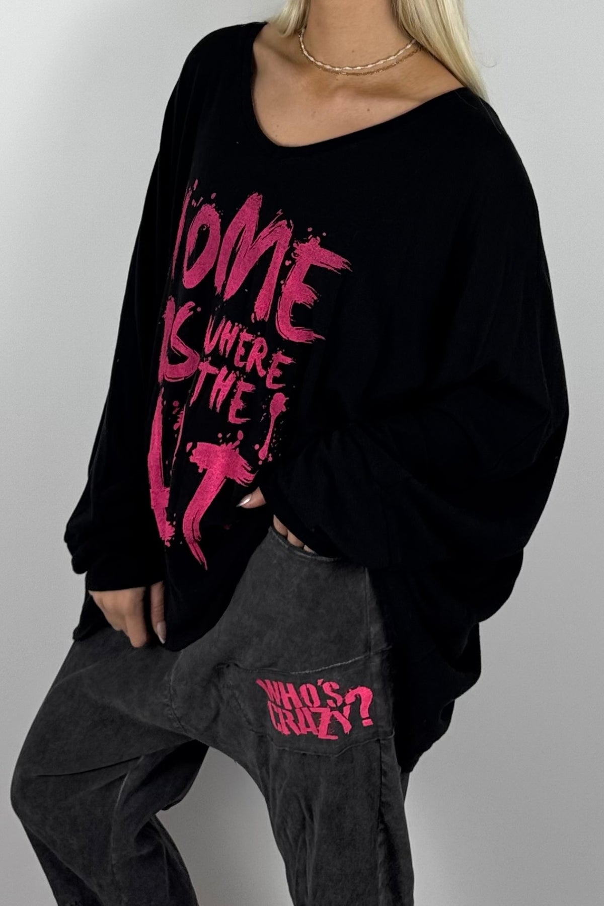 Damen Oversize-Shirt mit Statement-Print-Schwarz