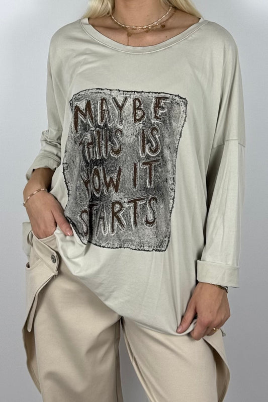 Damen Oversize Shirt „Maybe This Is How It Starts“ – Beige