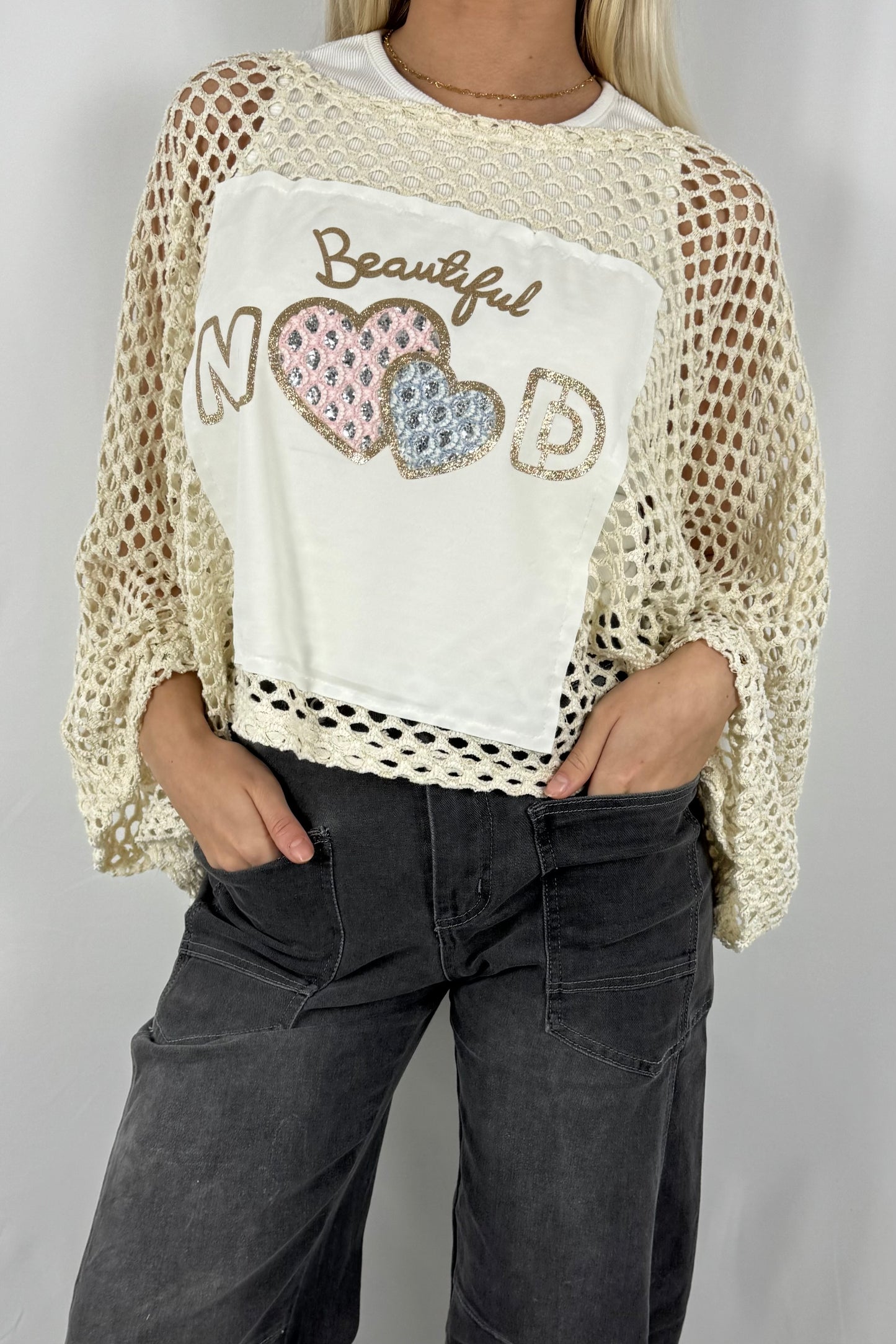 Damen Strickpullover mit Netzstruktur und Beautiful Mood Print-Beige