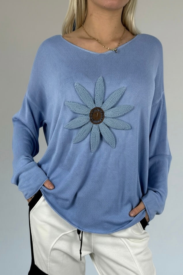 Shirt mit V-Ausschnitt & floraler Applikation-Blau