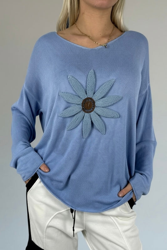 Shirt mit V-Ausschnitt & floraler Applikation-Blau
