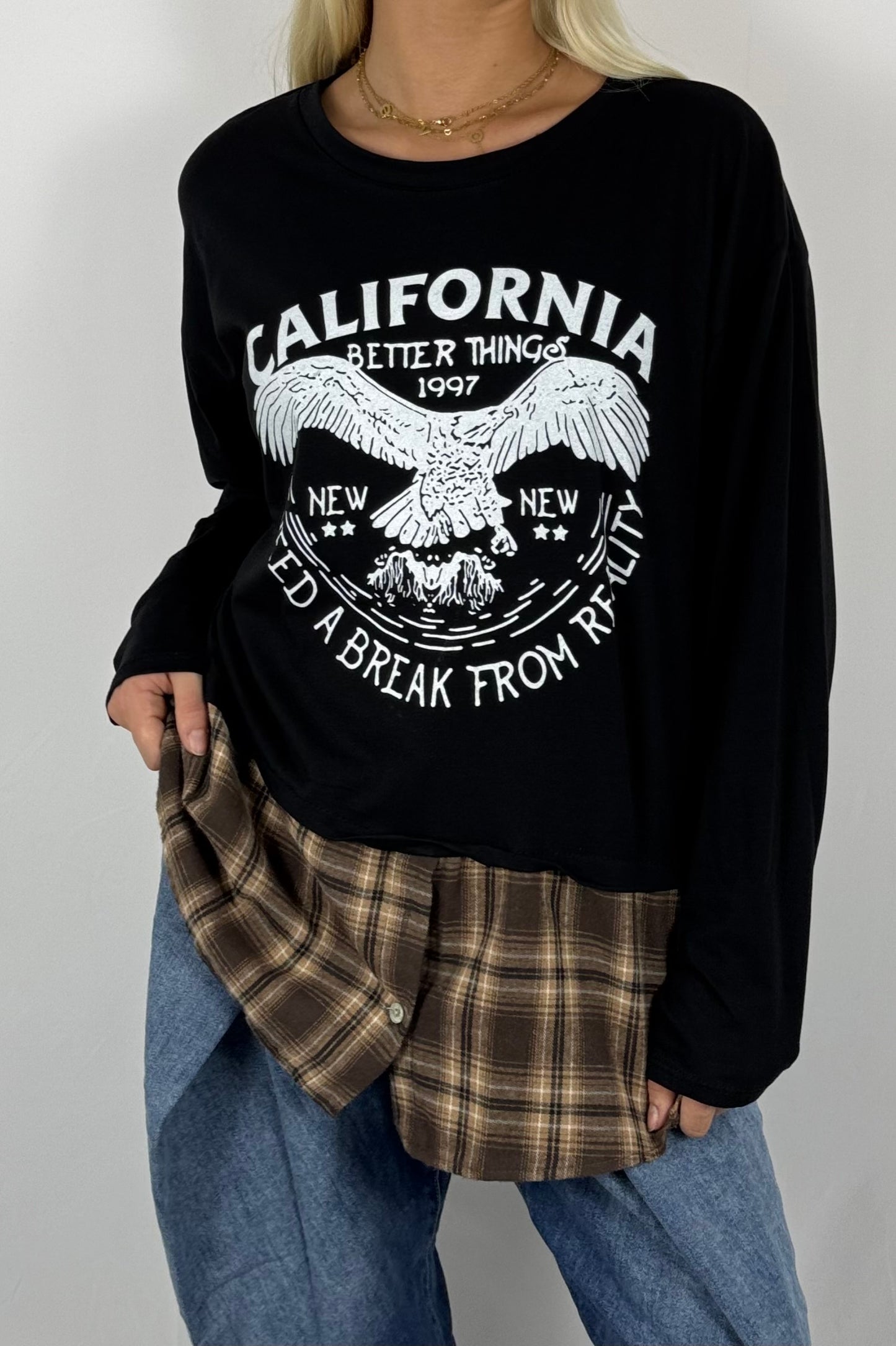 Damen Layering-Shirt „California“ – Karomuster-Look-Schwarz