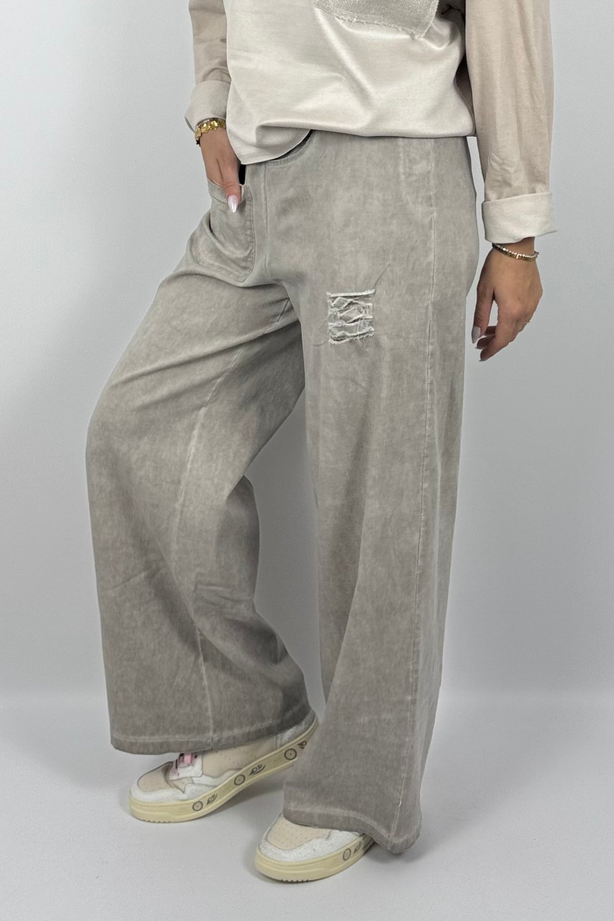 Damen Wide-Leg Hose mit Destroyed-Details – Dunkel Beige