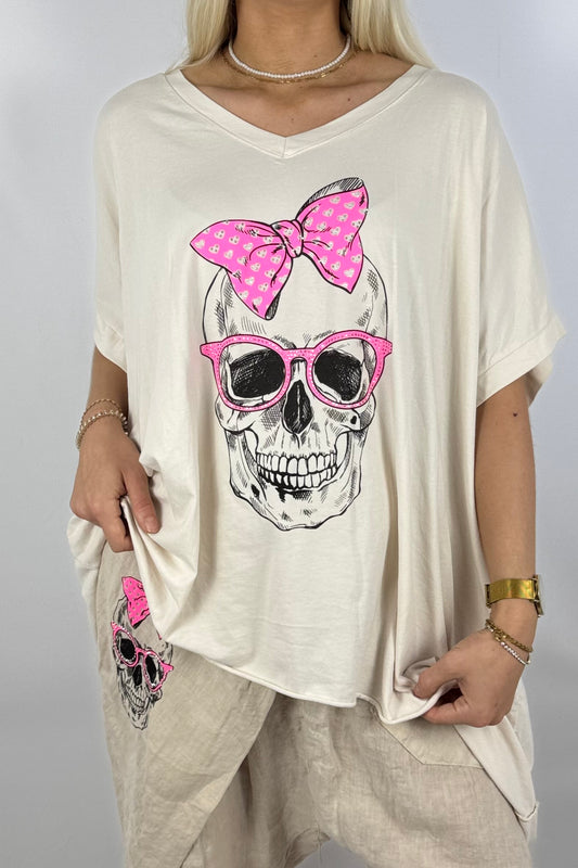 Oversize-Shirt mit Skull-Print & Neon-Details-Beige