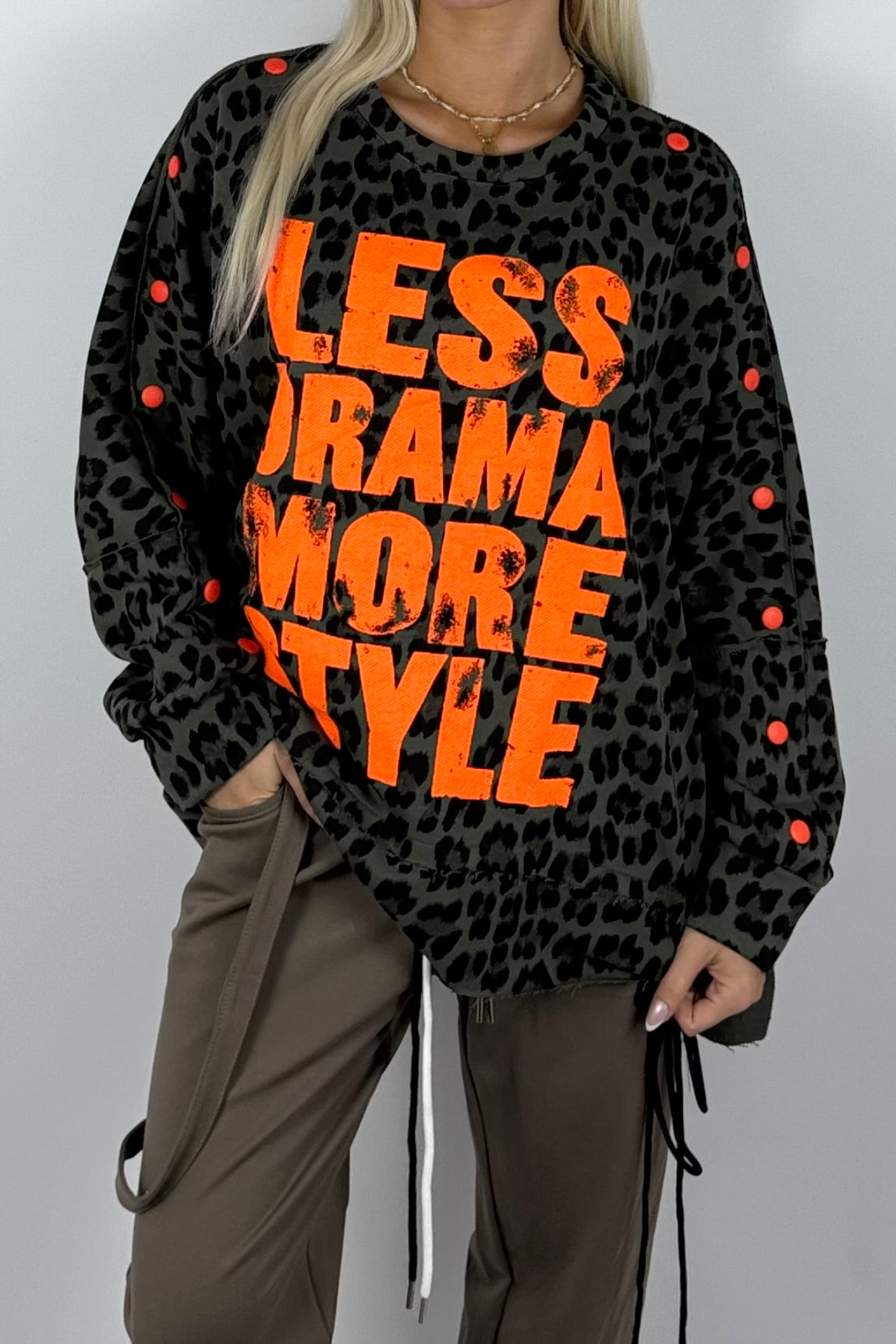 Damen Oversize Sweatshirt mit Leo-Print – Khaki