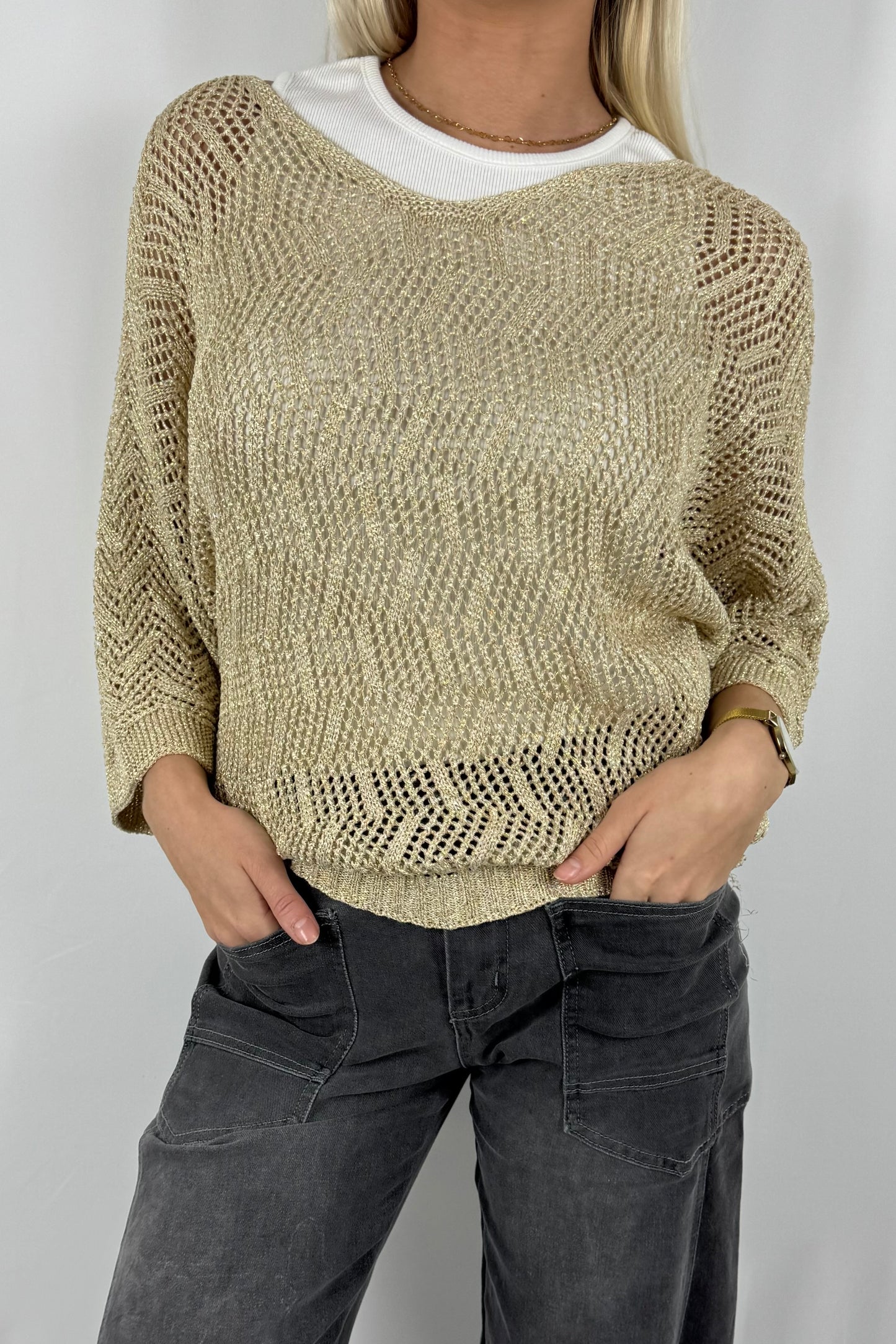 Damen Strick Sweatshirt mit Musterstruktur-gold