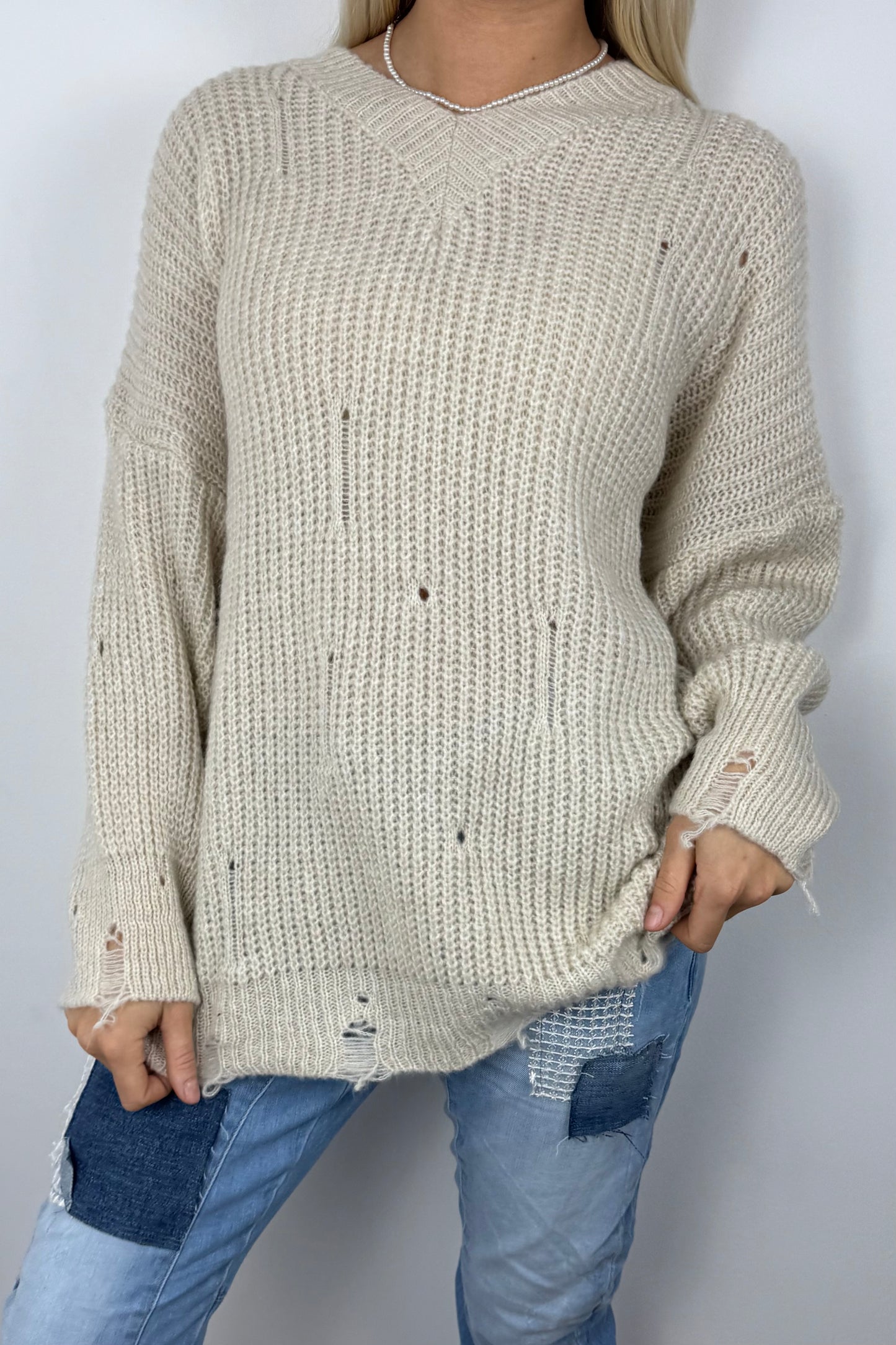 Oversize Strickpullover mit V-Ausschnitt – Beige