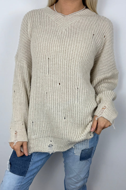 Oversize Strickpullover mit V-Ausschnitt – Beige