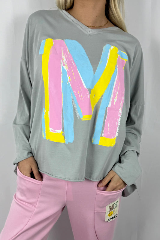 Oversize Shirt mit V-Ausschnitt & Letter-Print –Grau