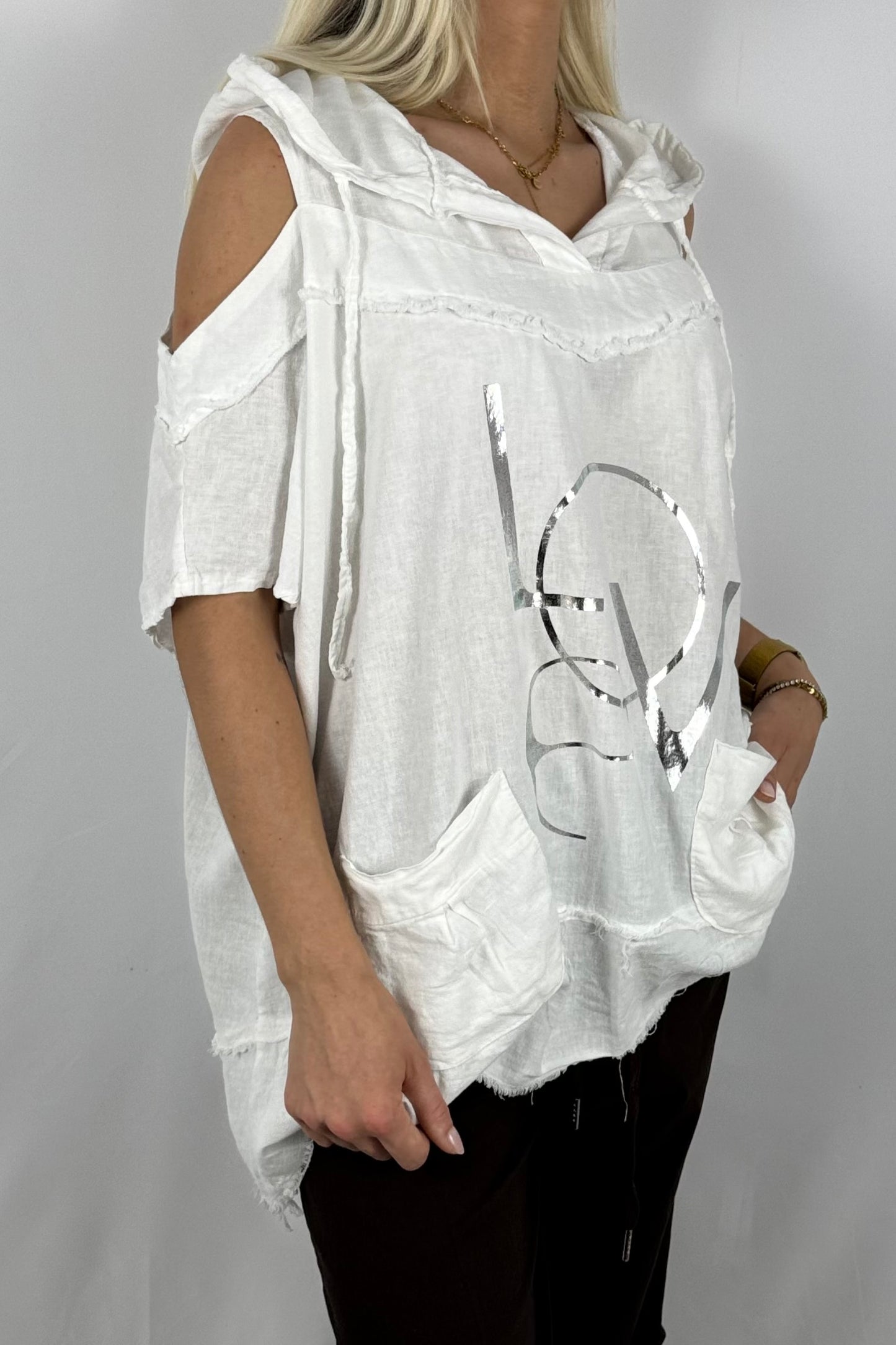 Leinen-Top mit Kapuze & LOVE-Print-Weiß
