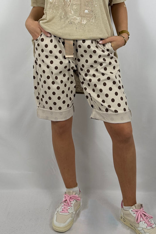 Shorts mit Punkte-Print & Gürtel-Beige