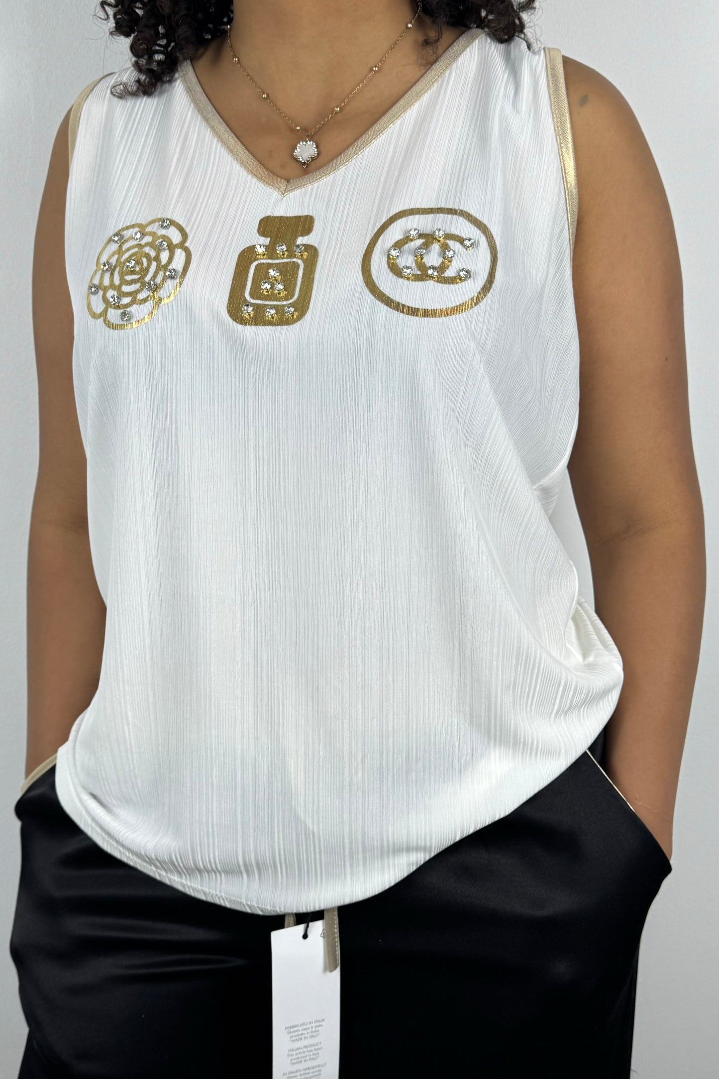 Weißes Damen-Top mit Goldprint & Strass-Details