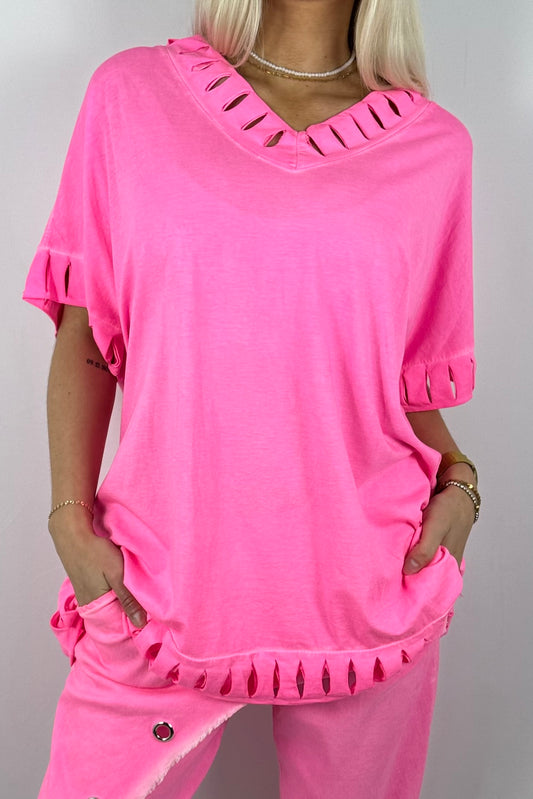 Oversize-Shirt mit Cut-Out-Details und V-Ausschnitt-Neon Pink