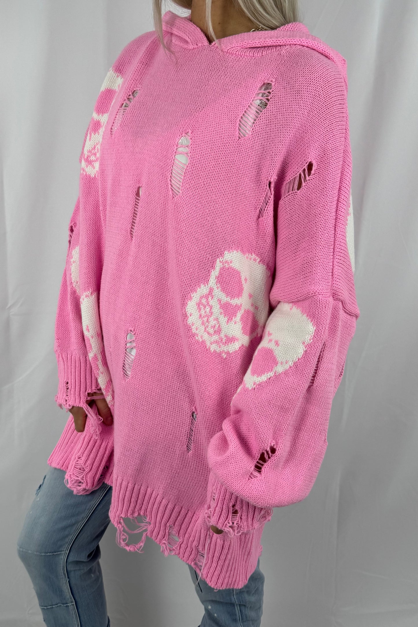 Pullover mit Totenkopf-Print und Kapuze-B-Pink