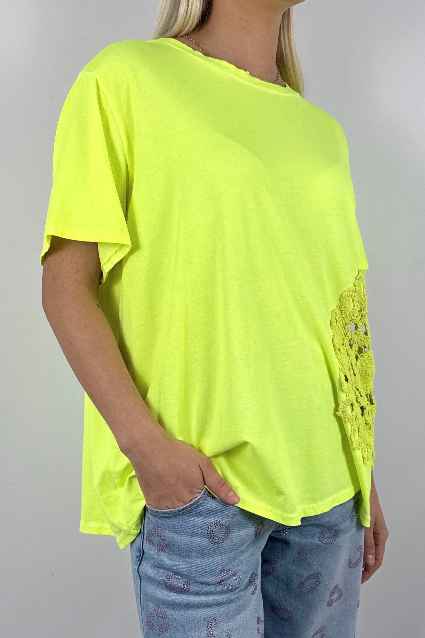 Shirt mit großem Häkel Muster-Neon Gelb