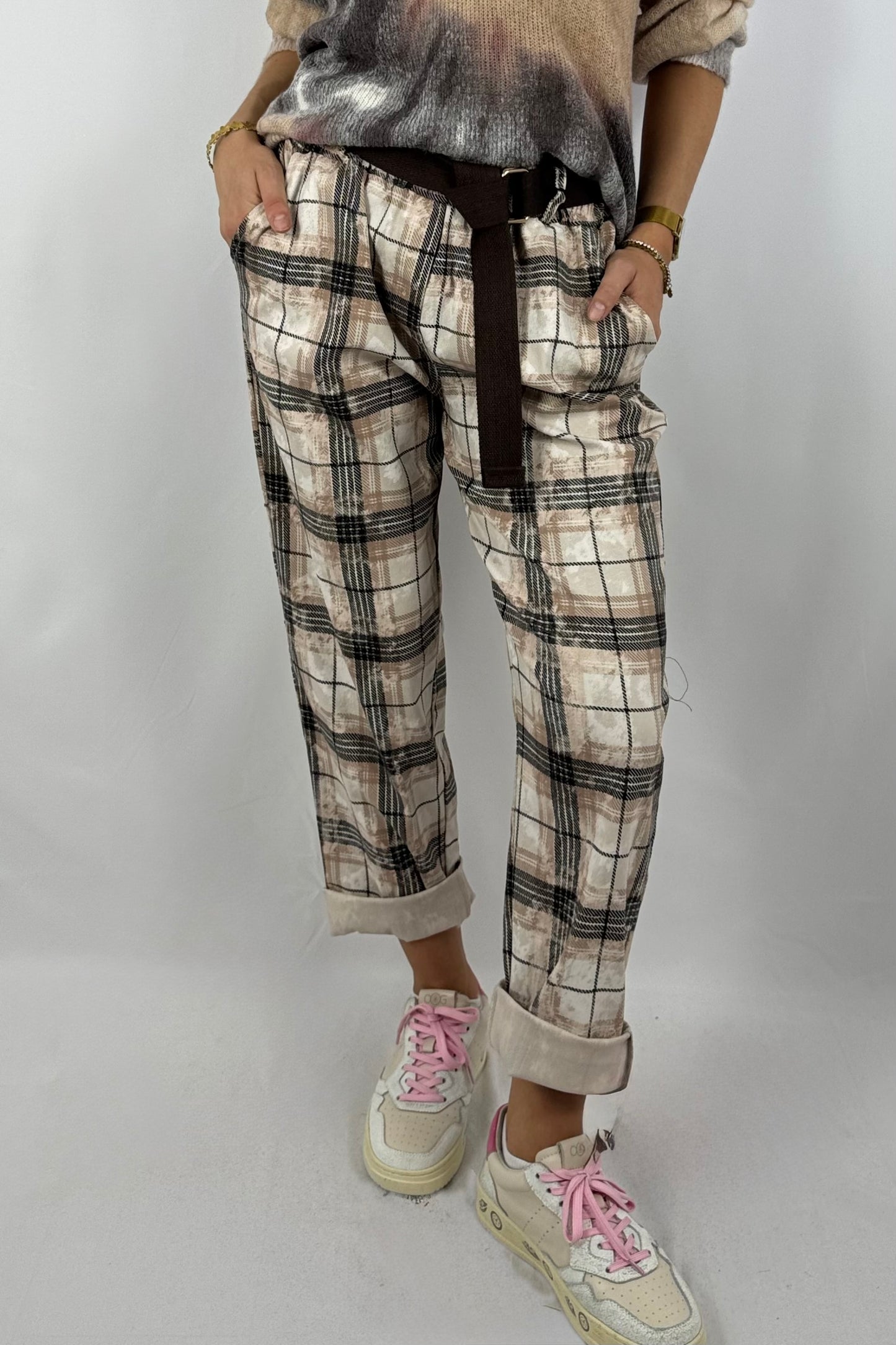 Damen Hose – Karomuster mit Gürtel-Beige