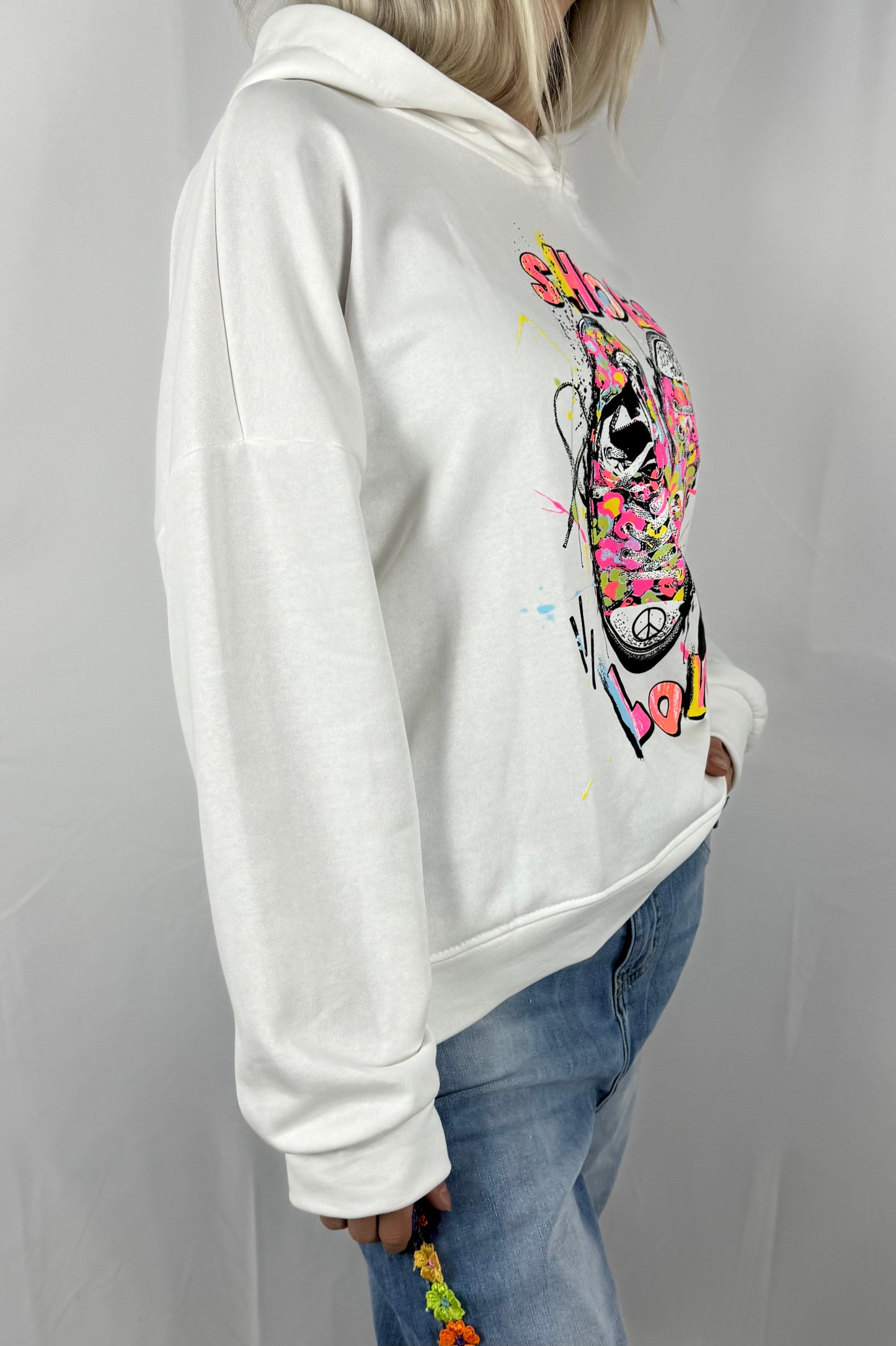 Damen Oversize Hoodie „Shoes Love“ –Weiß