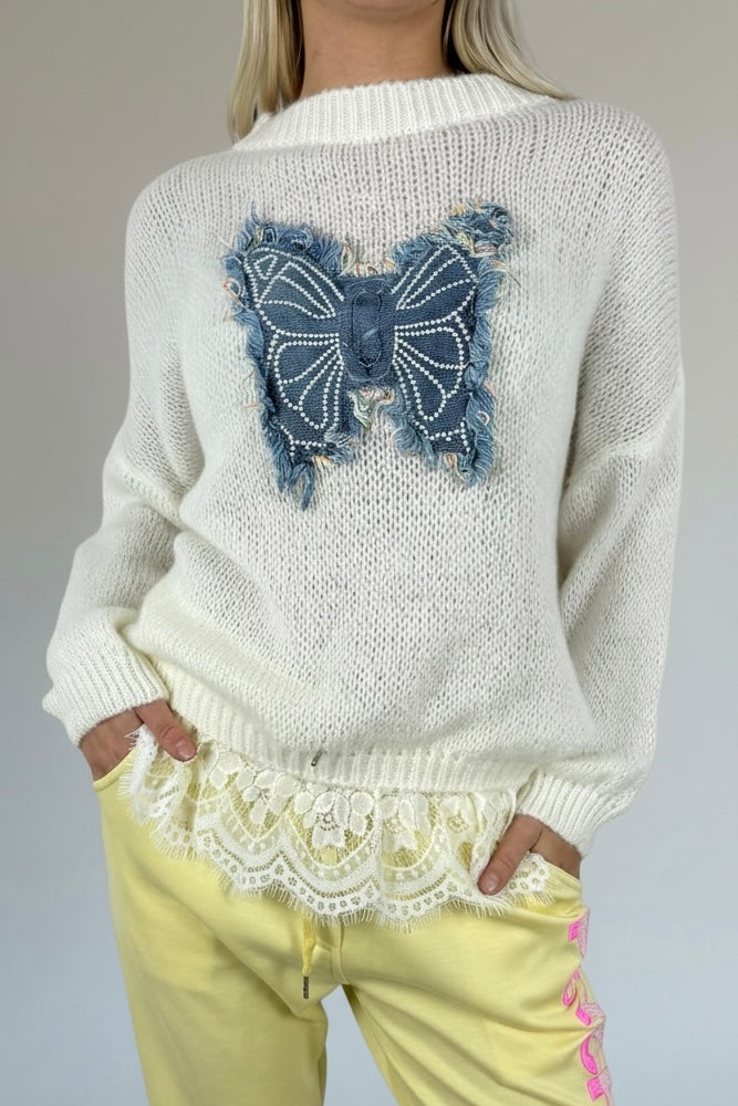 Strick Shirt mit Schmetterlings-Applikation & Spitzenabschluss-Weiß