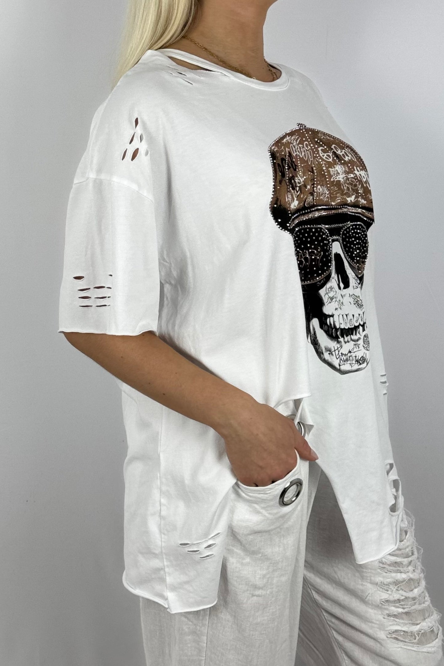 Oversize Shirt mit Skull-Print & Destroyed-Look-Weiß