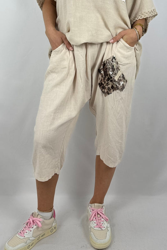 Leinen-Shorts mit Pailletten-Applikation-Beige