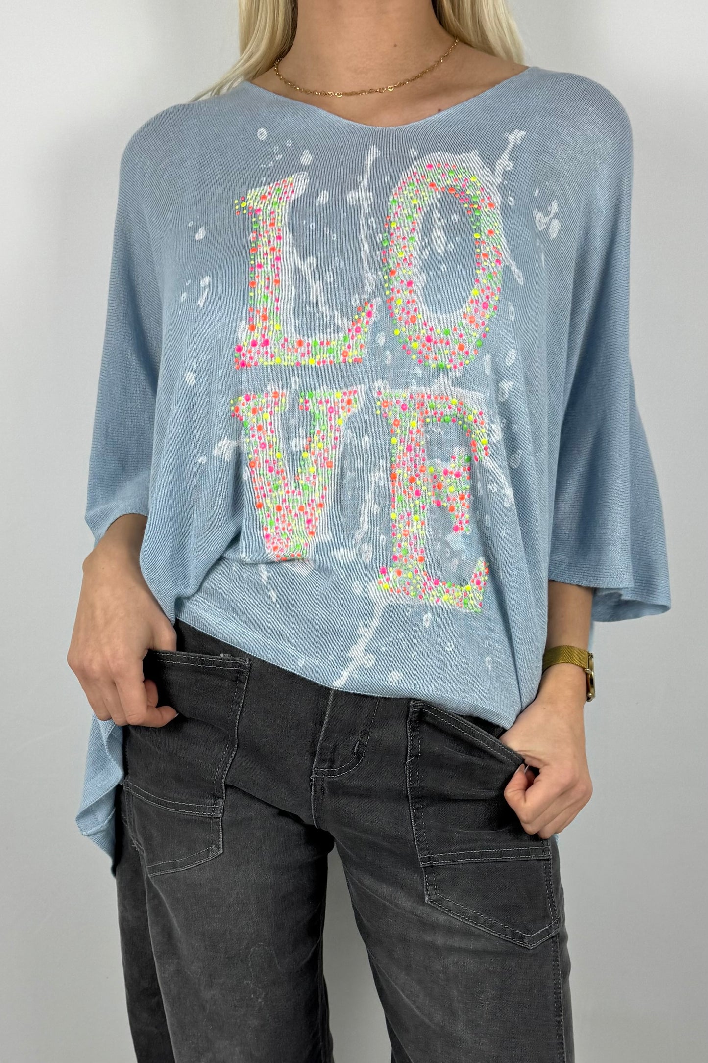 Strickshirt LOVE mit Strass Details Damen-Hellblau