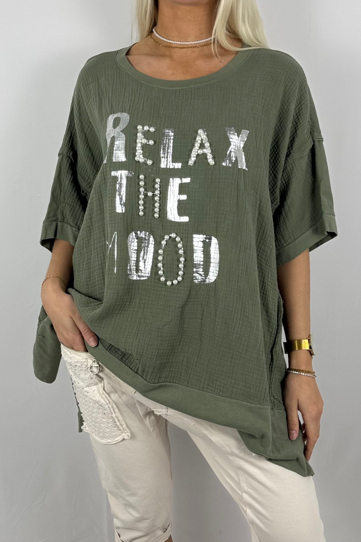 Oversize-Shirt „Relax The Mood“ aus Musselin-Khaki