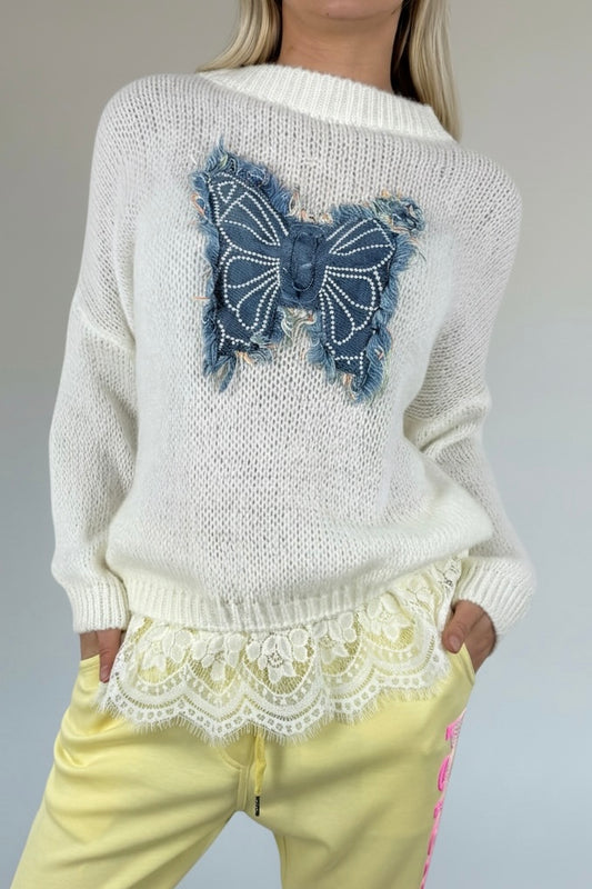 Strick Shirt mit Schmetterlings-Applikation & Spitzenabschluss-Weiß