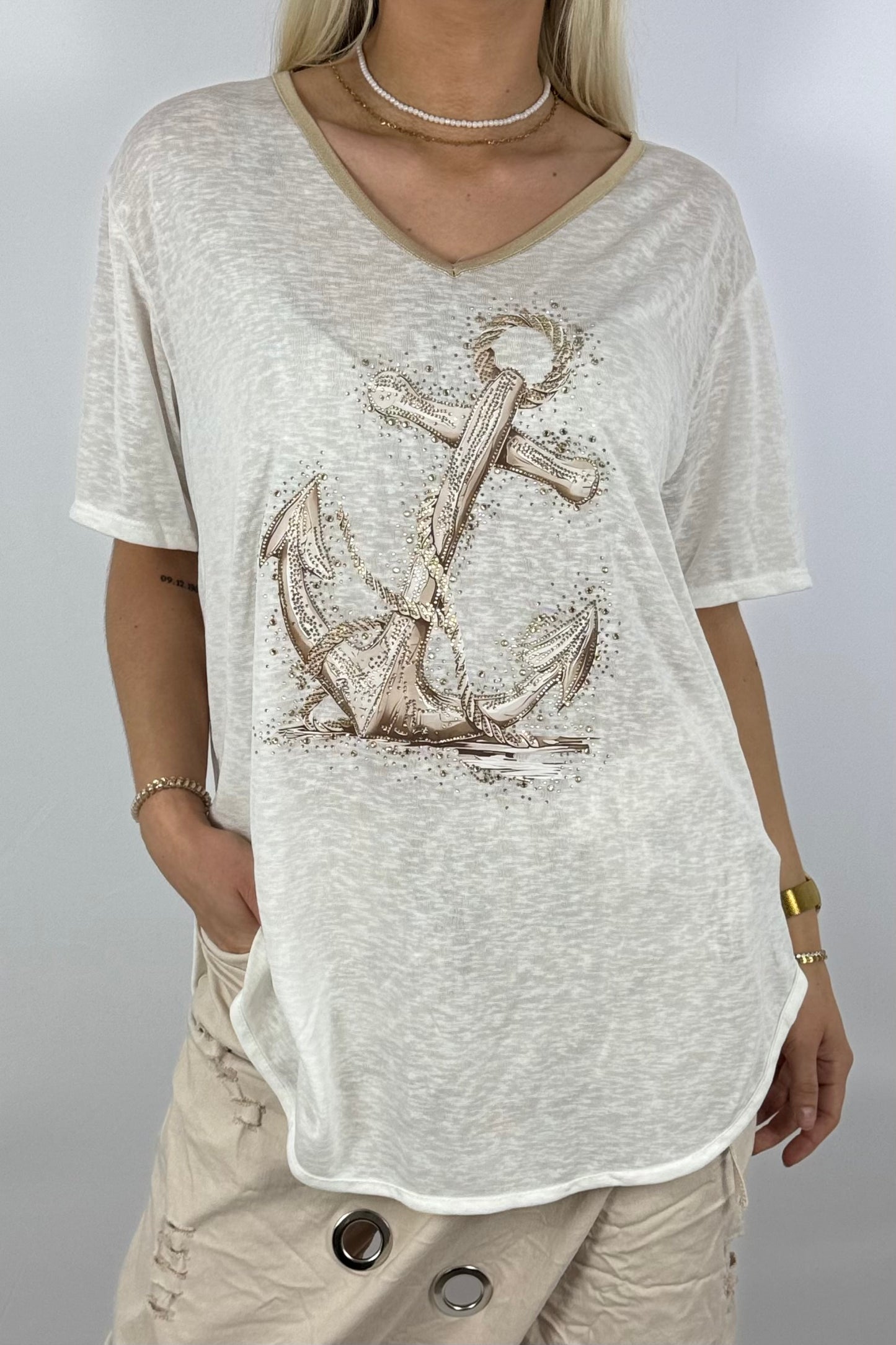 Oversize-Shirt mit Anker-Print & Golddetails-Weiß