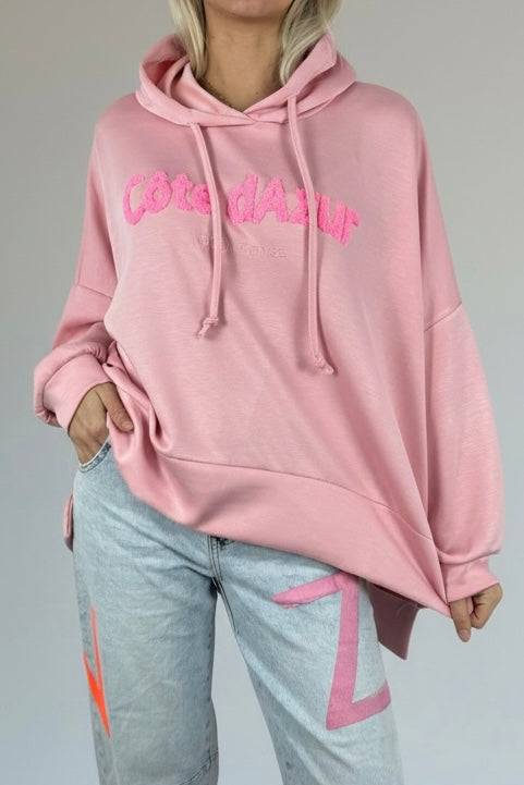 Oversize Hoodie mit Schriftzug „Côte d’Azur“-Rosa