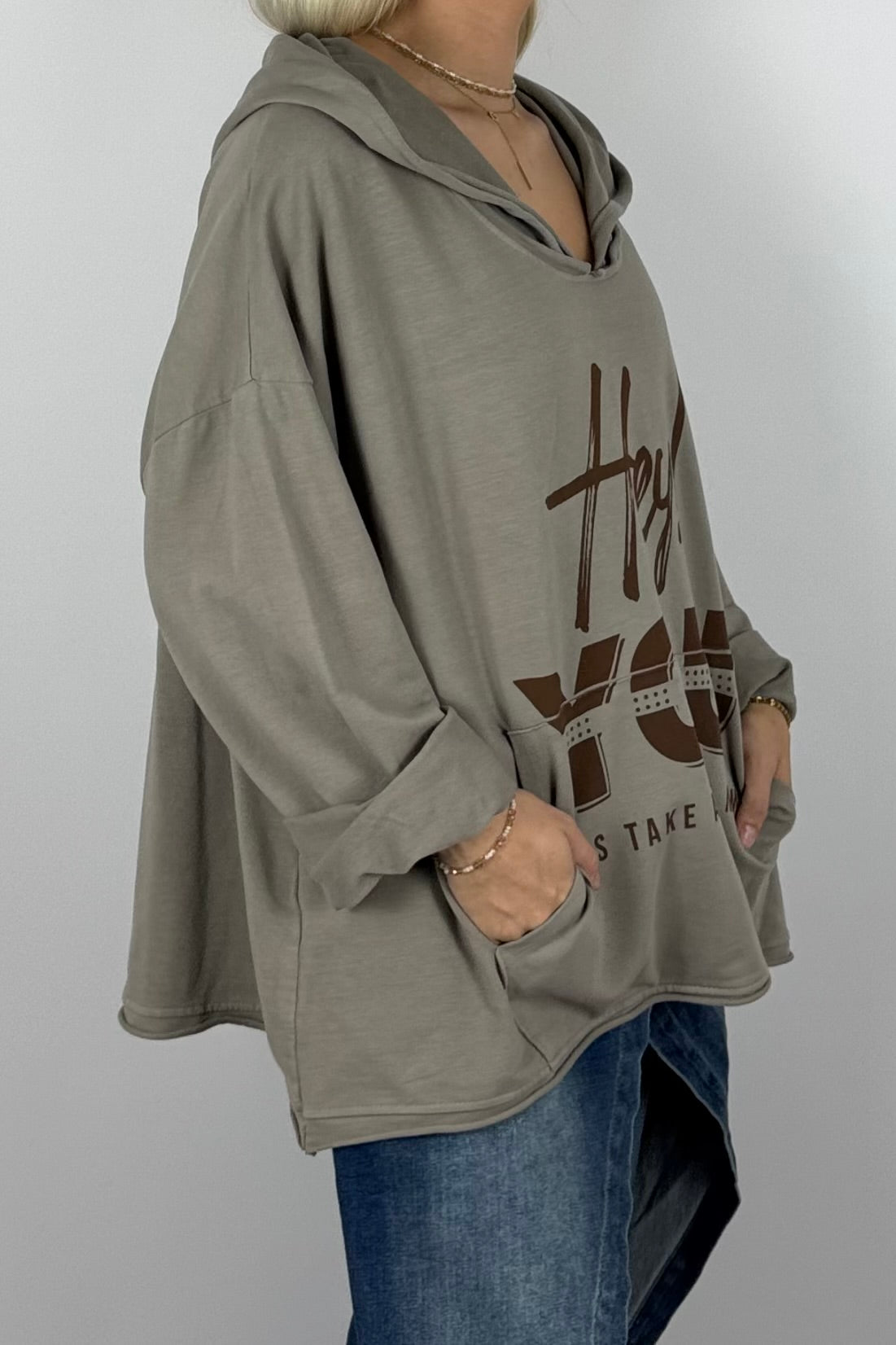 Damen Oversize Hoodie „Hey You“ mit Kapuze – Mud