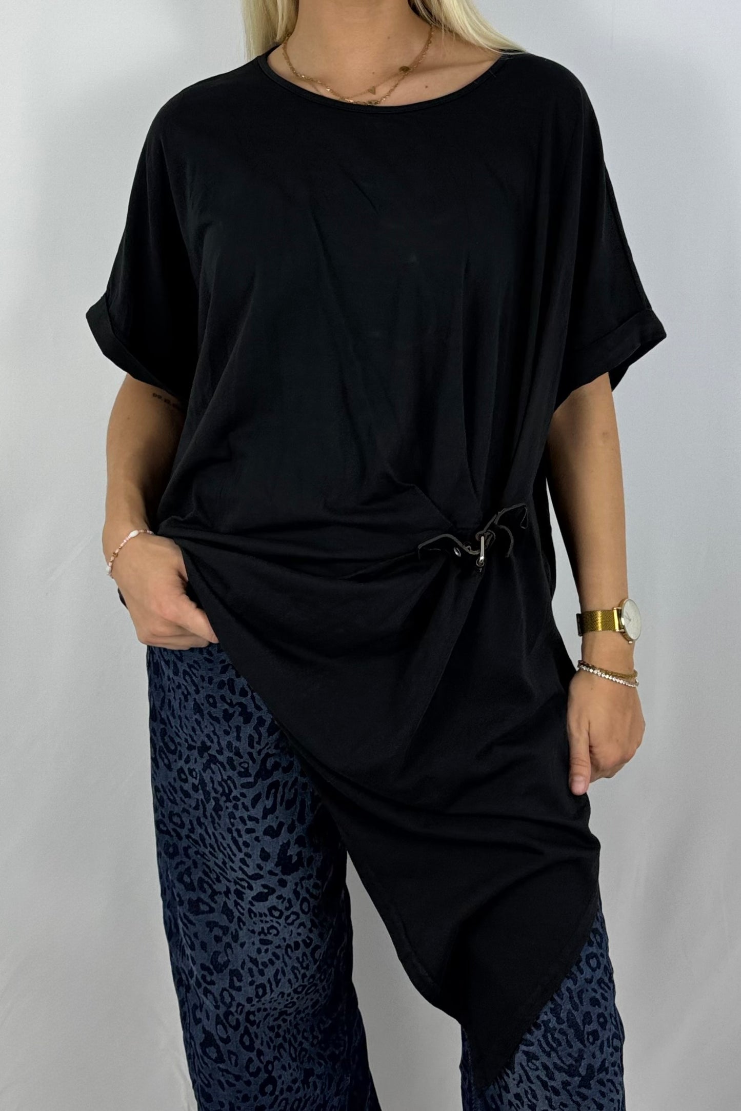 Damen Longshirt mit Schnalle – Oversize-Schwarz