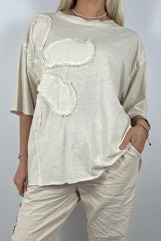 Oversize Damen Shirt mit Blumen Applikation und Rundhalsausschnitt-Beige