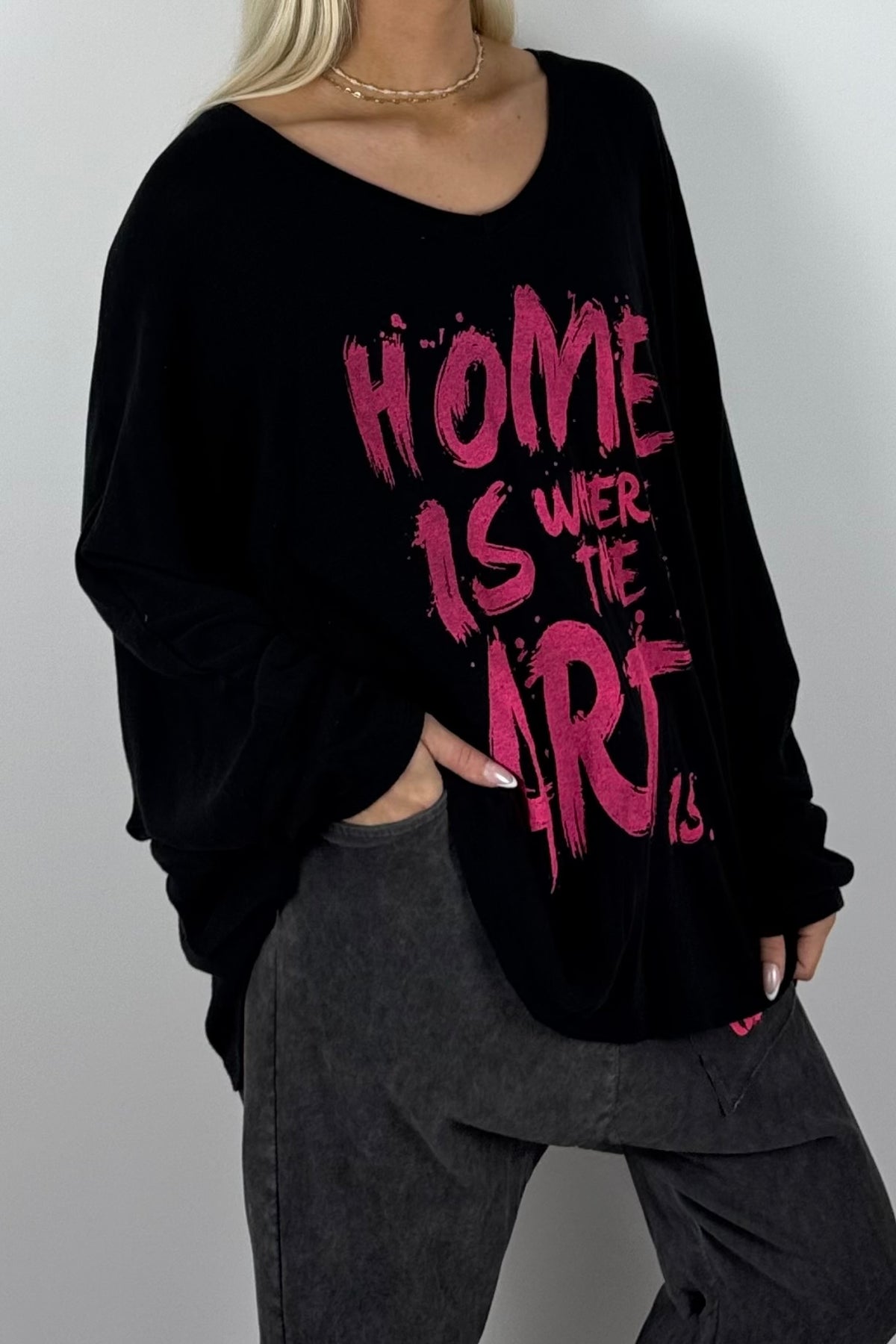 Damen Oversize-Shirt mit Statement-Print-Schwarz