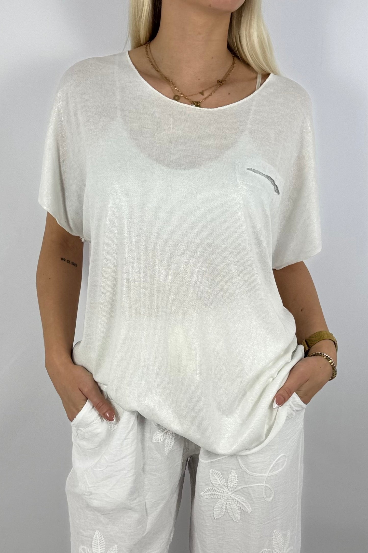 Glitzer-Shirt mit Pailletten-Detail – elegant & bequem-Weiß