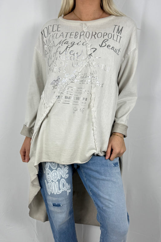 Damen Oversize Longshirt mit Schrift Print-Beige
