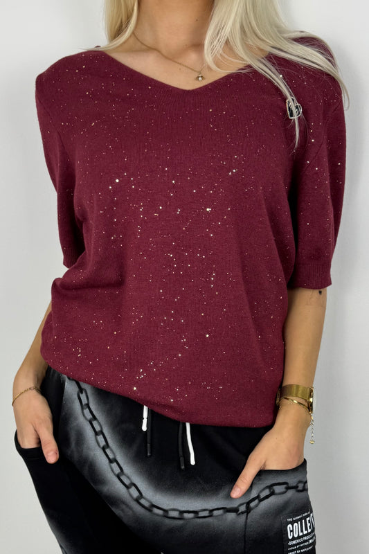 Damen Shirt mit Herz-Detail und Glitzer-Akzenten -Bordeux