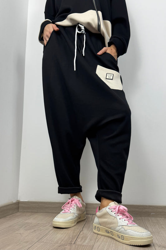 Casual Harem-Hose mit Kontrasttasche – Schwarz