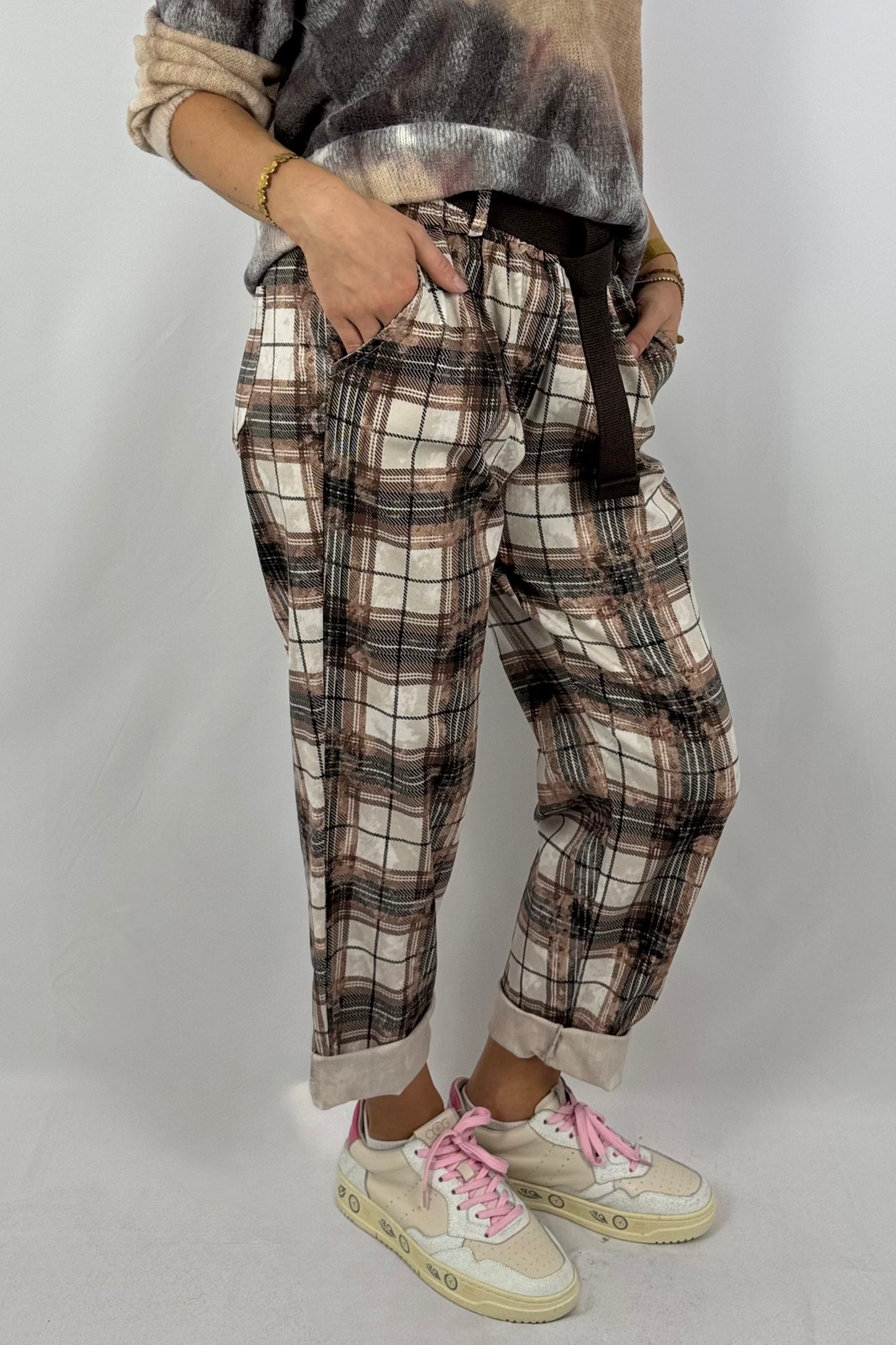 Damen Hose – Karomuster mit Gürtel-Schoko