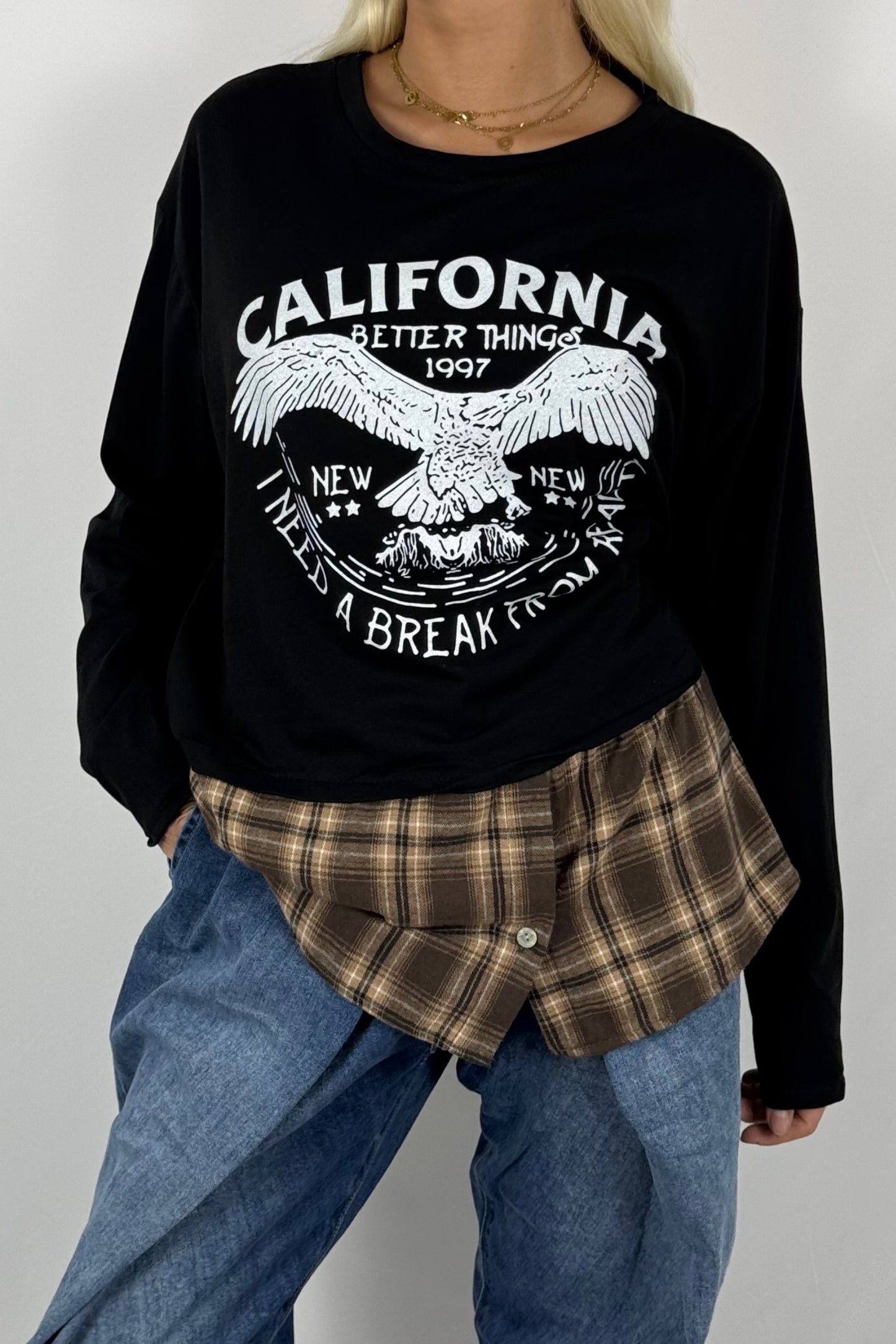 Damen Layering-Shirt „California“ – Karomuster-Look-Schwarz