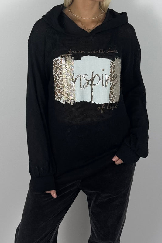 Damen Pullover mit Kapuze & Inspire-Print – Schwarz