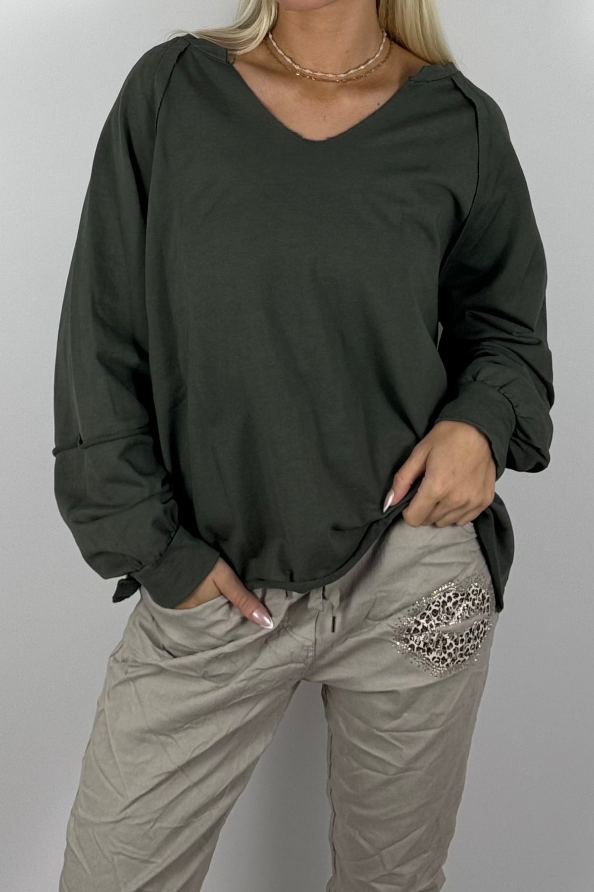 Damen Oversize-Sweatshirt mit V-Ausschnitt-Khaki