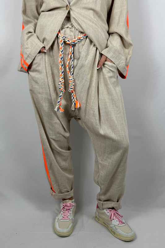 Leinen Hose mit Streifen & Kordel-Orange