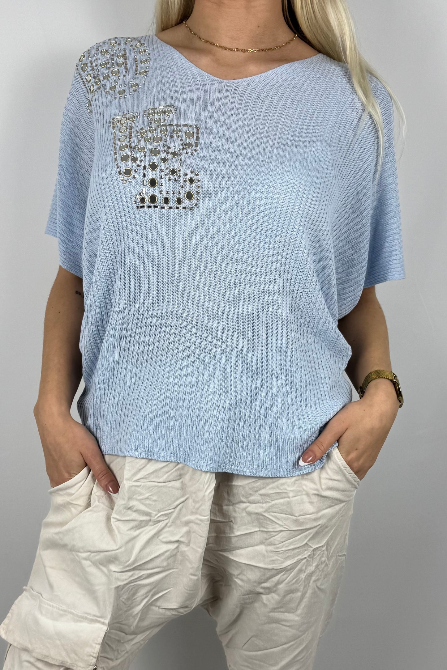 Strickshirt LOVE mit Glitzersteinen Damen-Hellblau